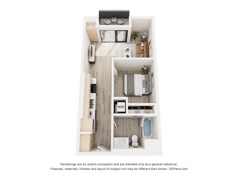 A 3D floor plan of a small apartment with a kitchen, living room, and bathroom.